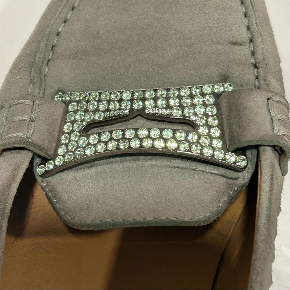 TOD’S Suede Leather Driving Loafers Rhinestone Crystal Buckle, Gray, Sz 9.5 - Picture 13 of 14